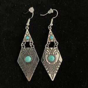Southwestern Silver Tone Faux Turquoise Pierced Earrings